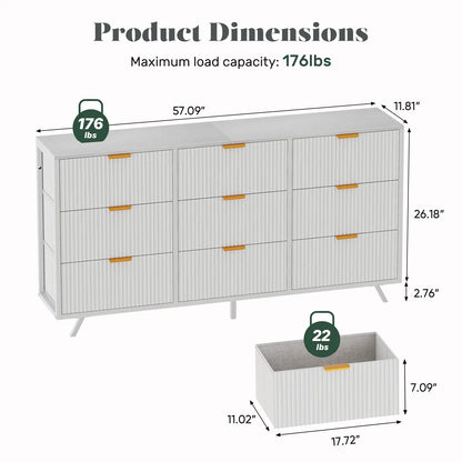 【Deals for You】9 Fabric Drawer Dresser for Bedroom, 57" Fluted Wooden Chest with Fabric Drawers, Modern Media Console & TV Stand for 35/45/55 Inch TV, Large Storage Organizer Cabinet with Reinforced Base