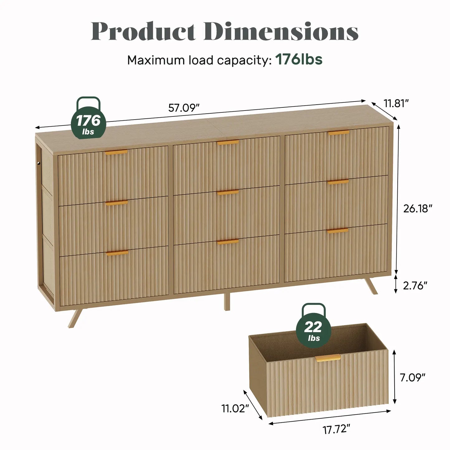 【Deals for You】9 Fabric Drawer Dresser for Bedroom, 57" Fluted Wooden Chest with Fabric Drawers, Modern Media Console & TV Stand for 35/45/55 Inch TV, Large Storage Organizer Cabinet with Reinforced Base