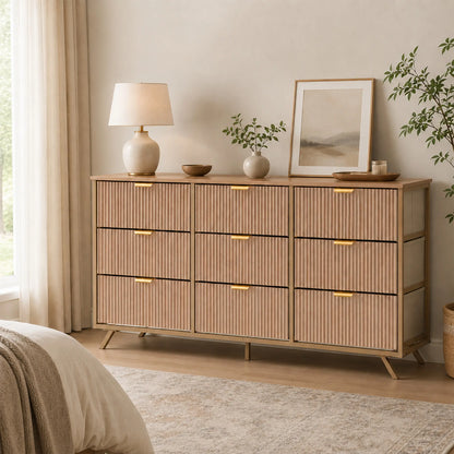 【Deals for You】9 Fabric Drawer Dresser for Bedroom, 57" Fluted Wooden Chest with Fabric Drawers, Modern Media Console & TV Stand for 35/45/55 Inch TV, Large Storage Organizer Cabinet with Reinforced Base
