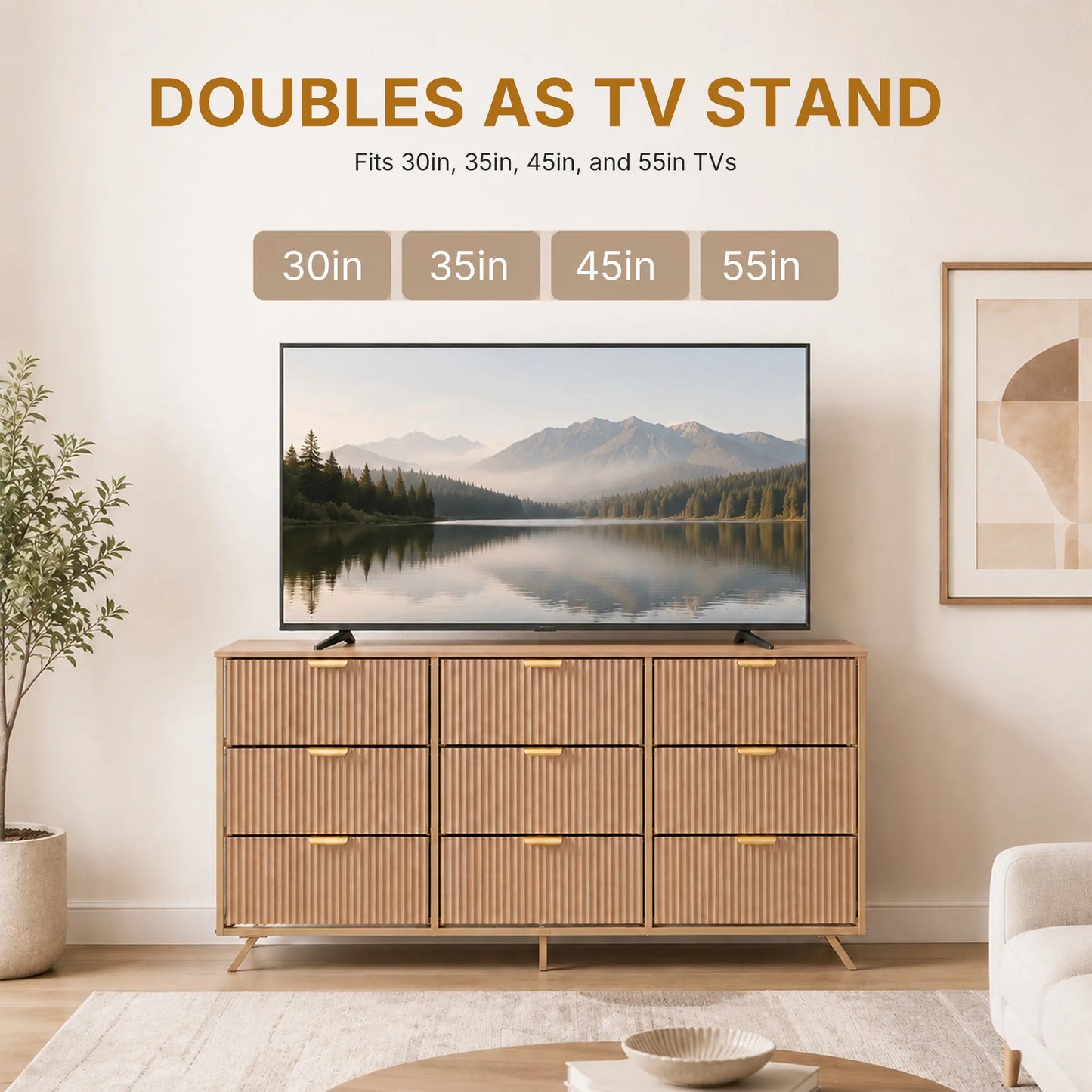 【Deals for You】9 Fabric Drawer Dresser for Bedroom, 57" Fluted Wooden Chest with Fabric Drawers, Modern Media Console & TV Stand for 35/45/55 Inch TV, Large Storage Organizer Cabinet with Reinforced Base