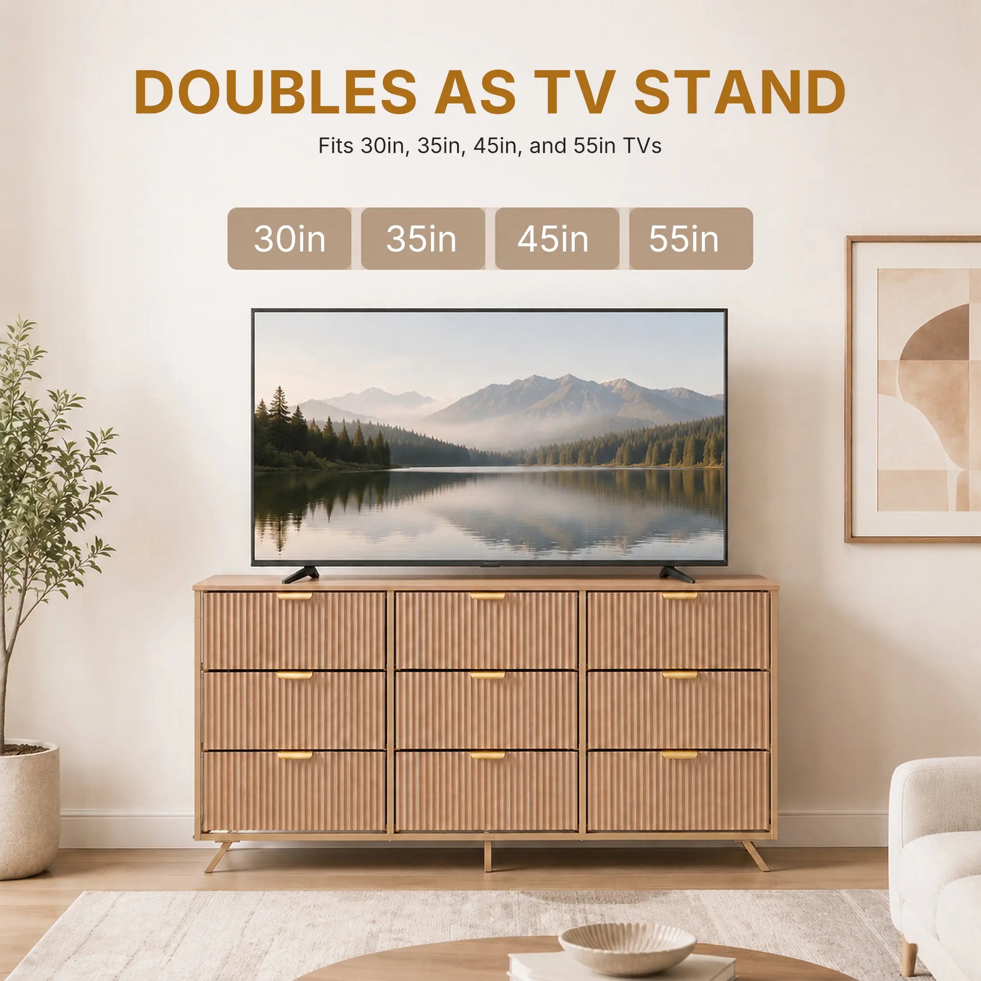 【Deals for You】9 Fabric Drawer Dresser for Bedroom, 57" Fluted Wooden Chest with Fabric Drawers, Modern Media Console & TV Stand for 35/45/55 Inch TV, Large Storage Organizer Cabinet with Reinforced Base