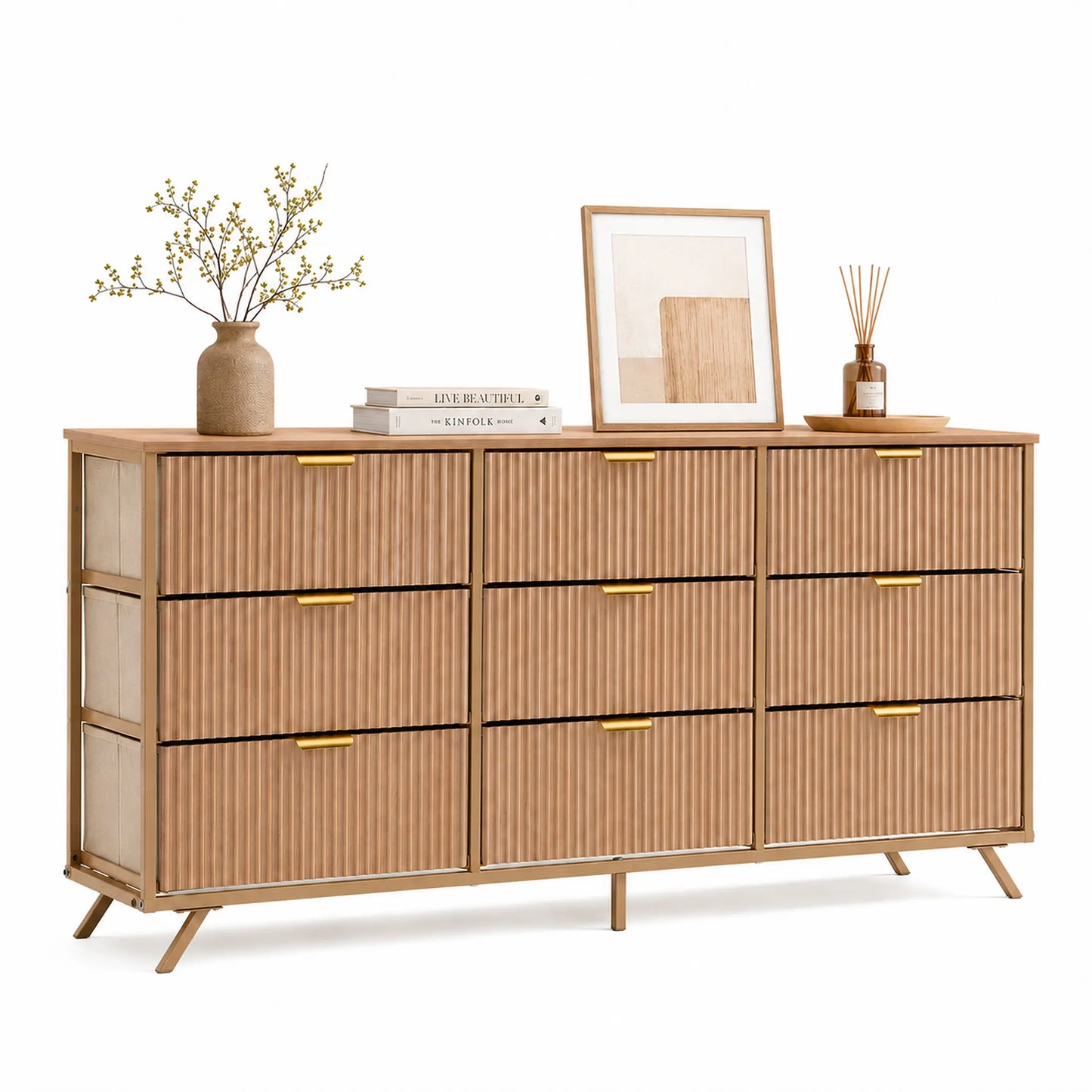【Deals for You】9 Fabric Drawer Dresser for Bedroom, 57" Fluted Wooden Chest with Fabric Drawers, Modern Media Console & TV Stand for 35/45/55 Inch TV, Large Storage Organizer Cabinet with Reinforced Base