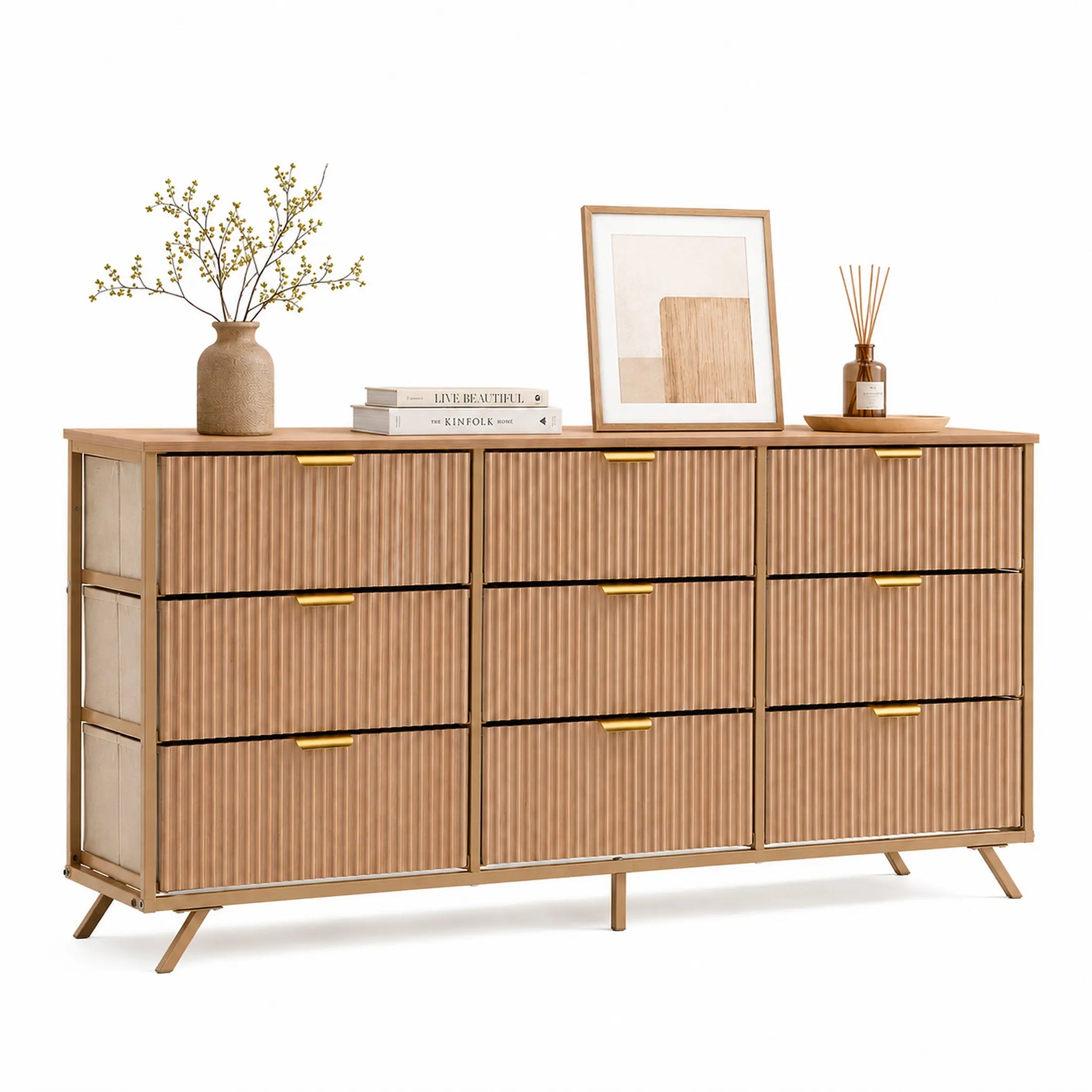 【Deals for You】9 Fabric Drawer Dresser for Bedroom, 57" Fluted Wooden Chest with Fabric Drawers, Modern Media Console & TV Stand for 35/45/55 Inch TV, Large Storage Organizer Cabinet with Reinforced Base