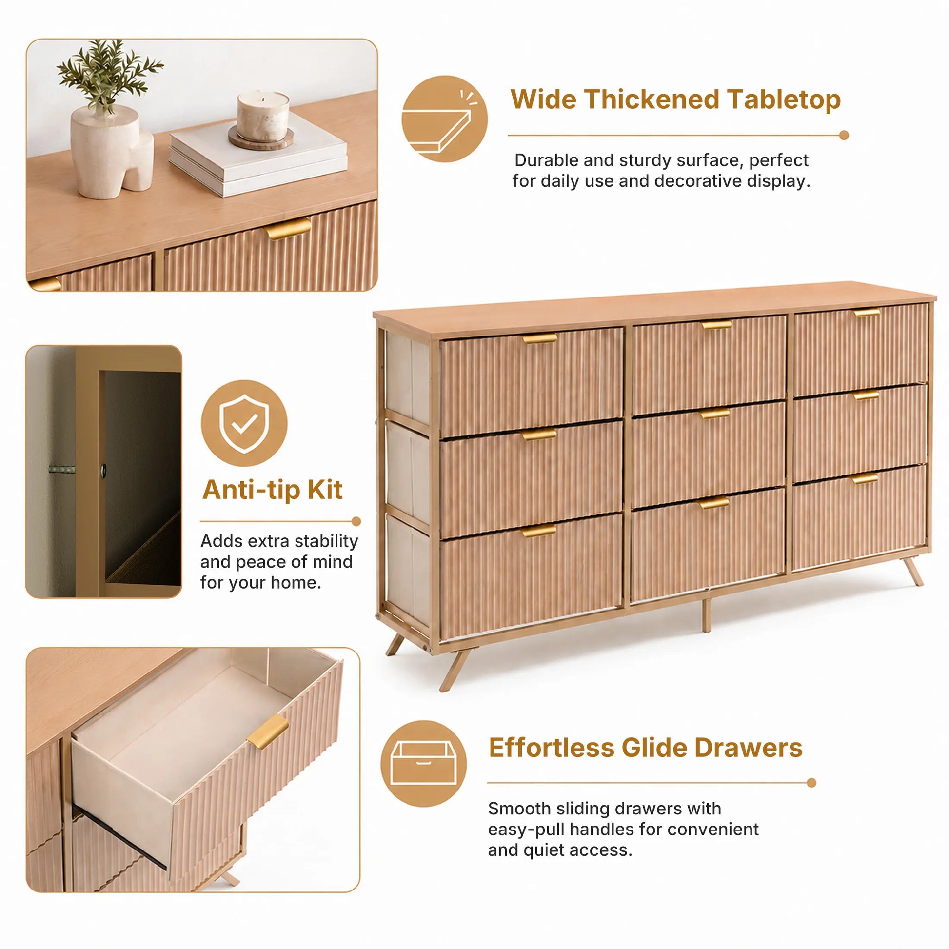 【Deals for You】9 Fabric Drawer Dresser for Bedroom, 57" Fluted Wooden Chest with Fabric Drawers, Modern Media Console & TV Stand for 35/45/55 Inch TV, Large Storage Organizer Cabinet with Reinforced Base