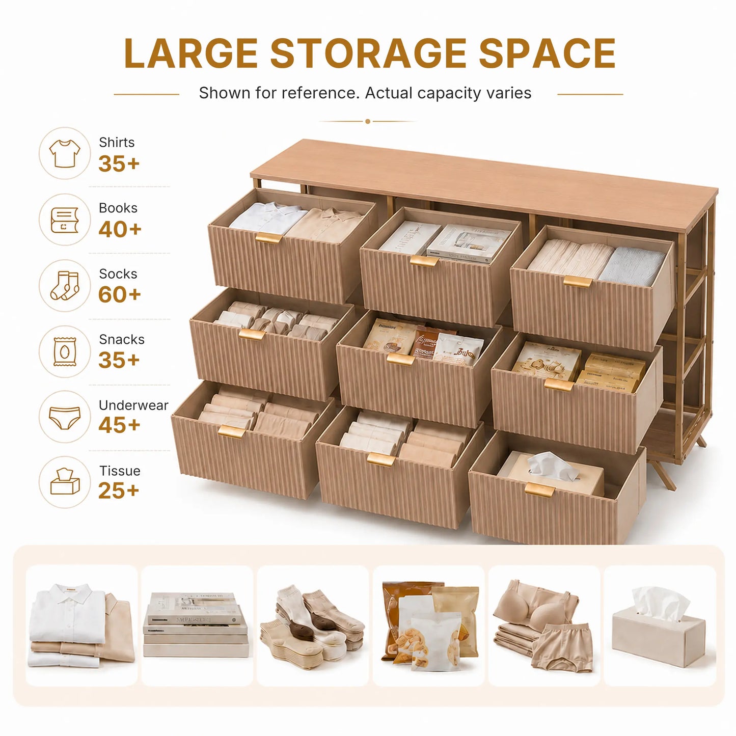 【Deals for You】9 Fabric Drawer Dresser for Bedroom, 57" Fluted Wooden Chest with Fabric Drawers, Modern Media Console & TV Stand for 35/45/55 Inch TV, Large Storage Organizer Cabinet with Reinforced Base