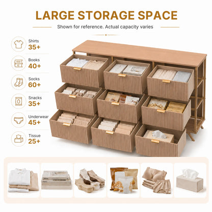 【Deals for You】9 Fabric Drawer Dresser for Bedroom, 57" Fluted Wooden Chest with Fabric Drawers, Modern Media Console & TV Stand for 35/45/55 Inch TV, Large Storage Organizer Cabinet with Reinforced Base