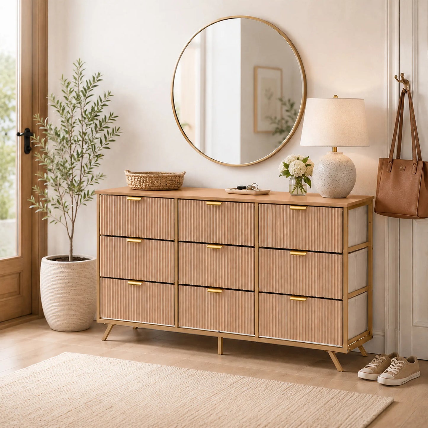 【Deals for You】9 Fabric Drawer Dresser for Bedroom, 57" Fluted Wooden Chest with Fabric Drawers, Modern Media Console & TV Stand for 35/45/55 Inch TV, Large Storage Organizer Cabinet with Reinforced Base