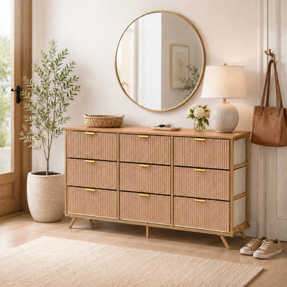 【Deals for You】9 Fabric Drawer Dresser for Bedroom, 57" Fluted Wooden Chest with Fabric Drawers, Modern Media Console & TV Stand for 35/45/55 Inch TV, Large Storage Organizer Cabinet with Reinforced Base