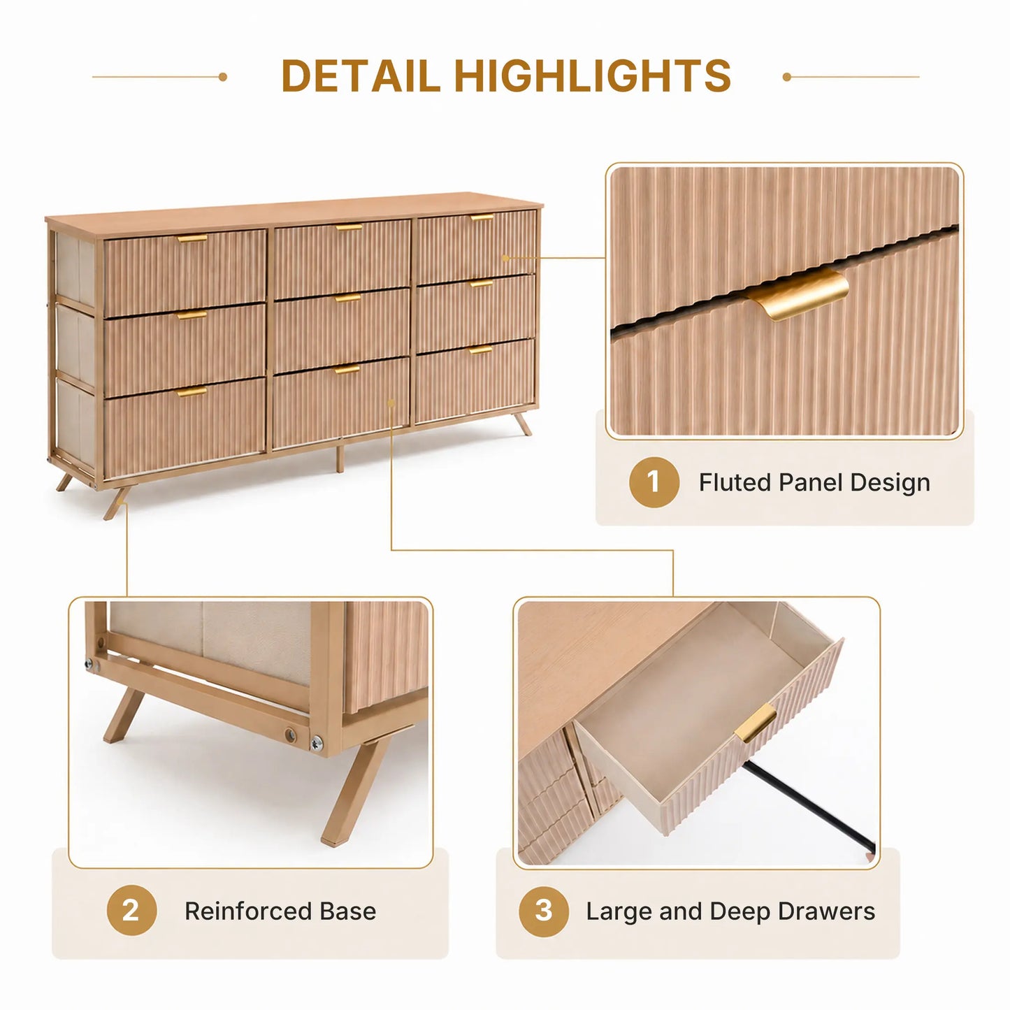 【Deals for You】9 Fabric Drawer Dresser for Bedroom, 57" Fluted Wooden Chest with Fabric Drawers, Modern Media Console & TV Stand for 35/45/55 Inch TV, Large Storage Organizer Cabinet with Reinforced Base