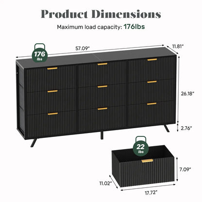 【Deals for You】9 Fabric Drawer Dresser for Bedroom, 57" Fluted Wooden Chest with Fabric Drawers, Modern Media Console & TV Stand for 35/45/55 Inch TV, Large Storage Organizer Cabinet with Reinforced Base