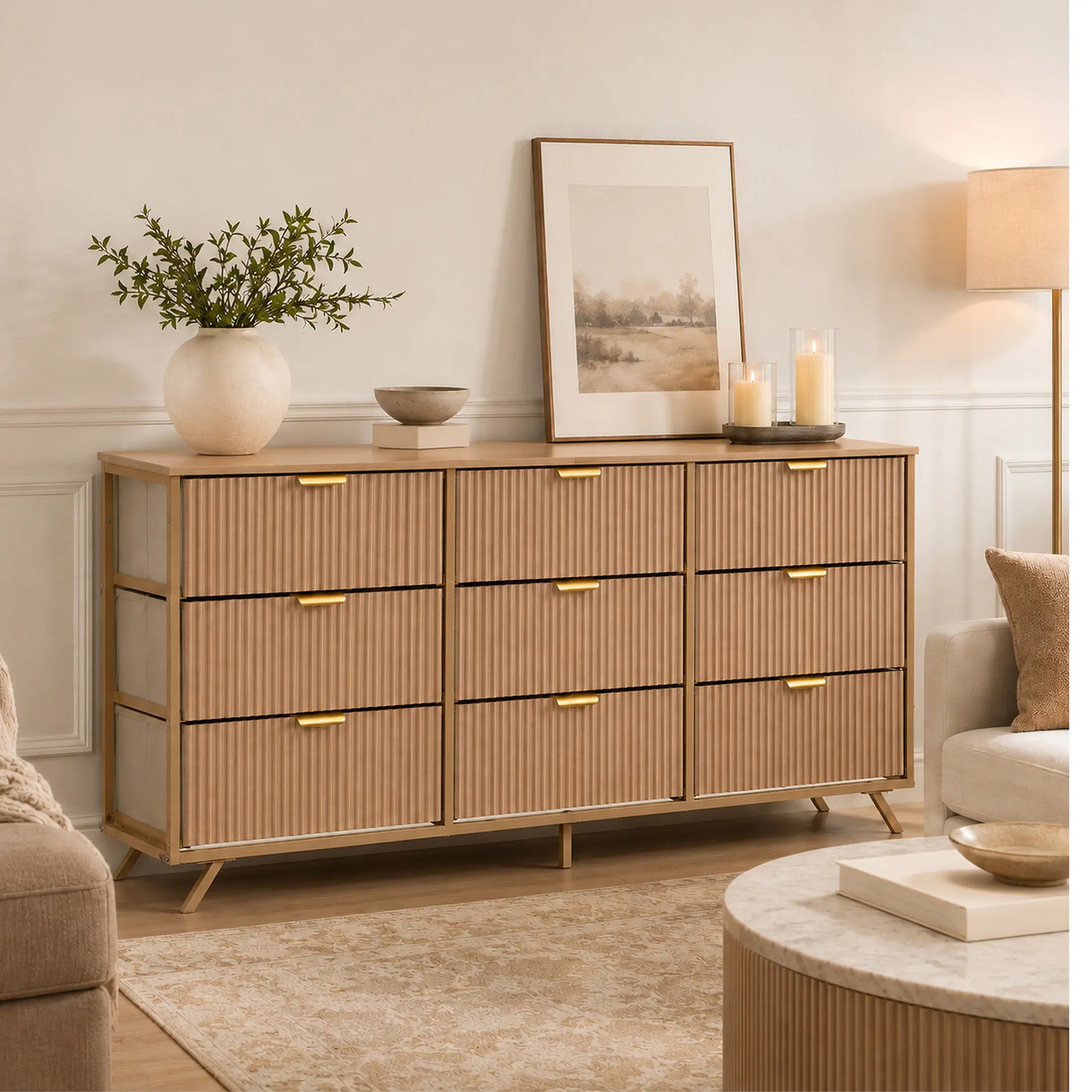 【Deals for You】9 Fabric Drawer Dresser for Bedroom, 57" Fluted Wooden Chest with Fabric Drawers, Modern Media Console & TV Stand for 35/45/55 Inch TV, Large Storage Organizer Cabinet with Reinforced Base