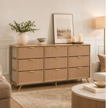 【Deals for You】9 Fabric Drawer Dresser for Bedroom, 57" Fluted Wooden Chest with Fabric Drawers, Modern Media Console & TV Stand for 35/45/55 Inch TV, Large Storage Organizer Cabinet with Reinforced Base